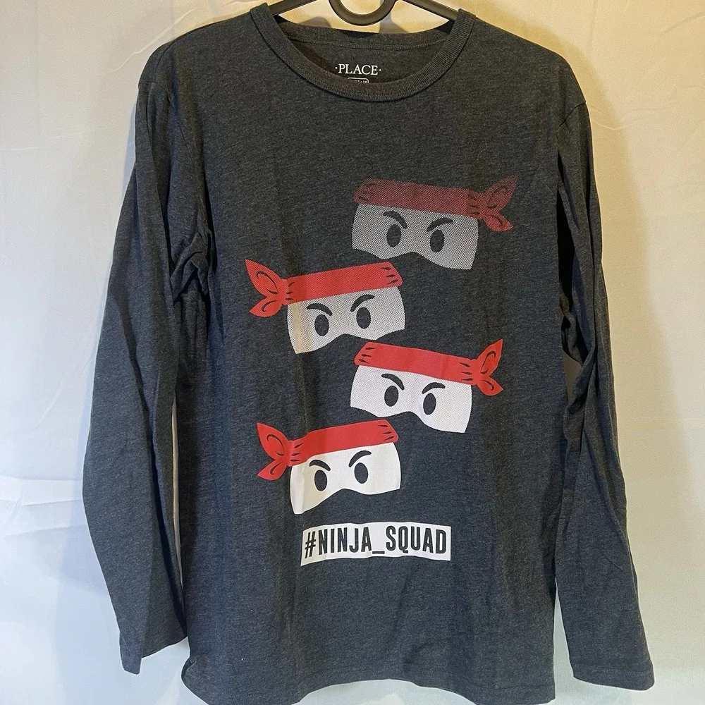 The Childrens Place Boys XL 14 Black Long Sleeve Shirt T Shirt Ninja Mode Tee‎